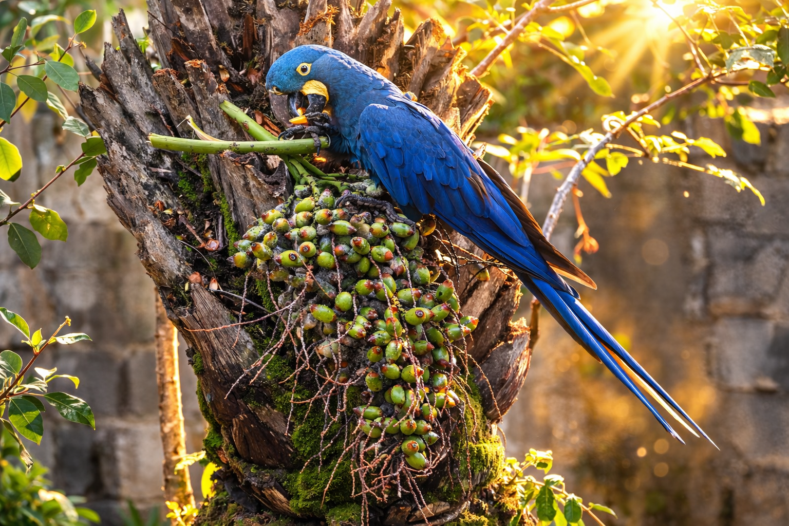 Guacamayo de Lear posado sobre el tronco de una palmera, alimentándose de frutos verdes bajo la luz cálida del atardecer.